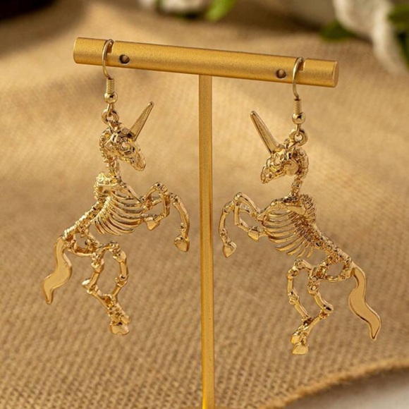 2/$30🌵 Gold Unicorn Skeleton Earrings Magical Goth Whimsigoth Jewelry Punk NEW - Picture 7 of 10